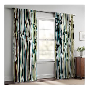 Wavy Green and Blue Abstract Stripes Window Curtain Panels | Lined, Unlined, Sheer, Blackout