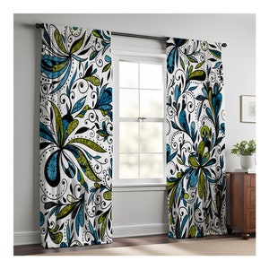 Blue and Green Glittered Floral Window Curtains | Long Panel Sheer and Blackout Curtains | Off White, Colorful Print