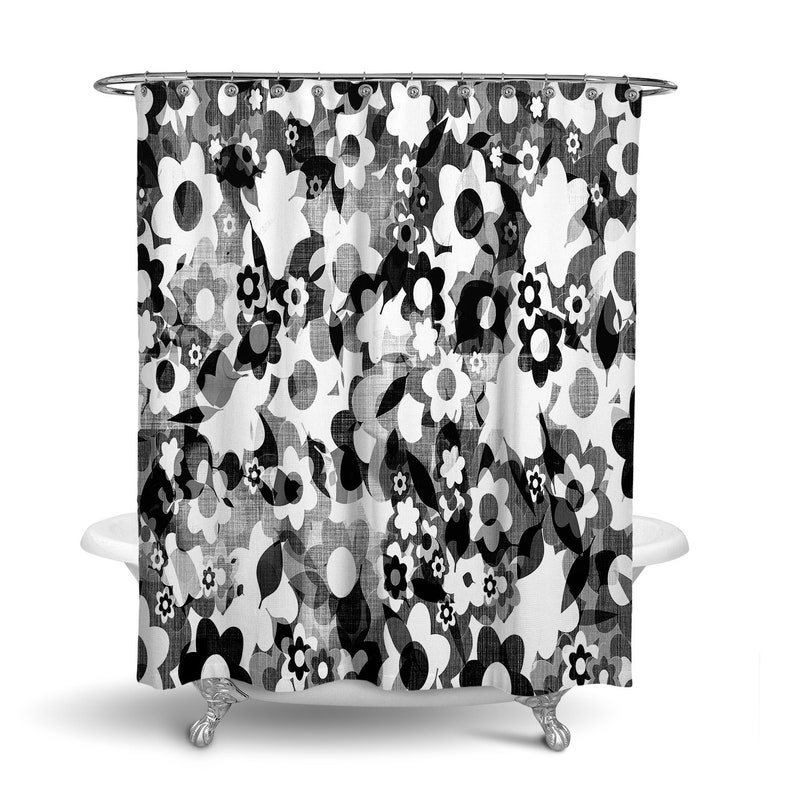 Black And White Floral Shower Curtain W Bathmat Set Options Etsy