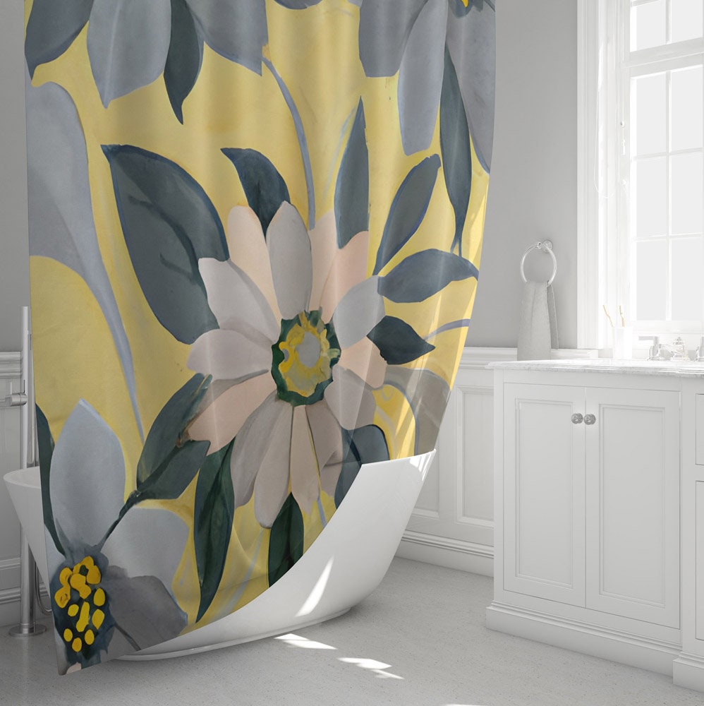 Painted Floral Shower Curtain - Yellow and Gray Simple Flower Print, image size:998x1000