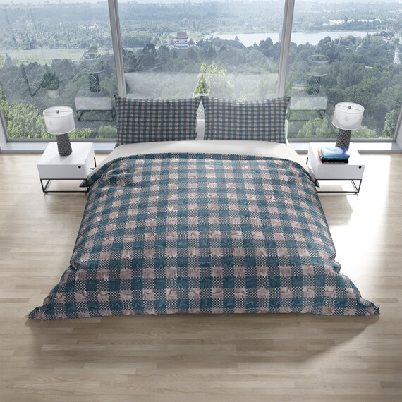 Rustic Blue Plaid Bedding Comforter Or Duvet Cover Printed Blue And Cream Plaid Farmhouse Bedding