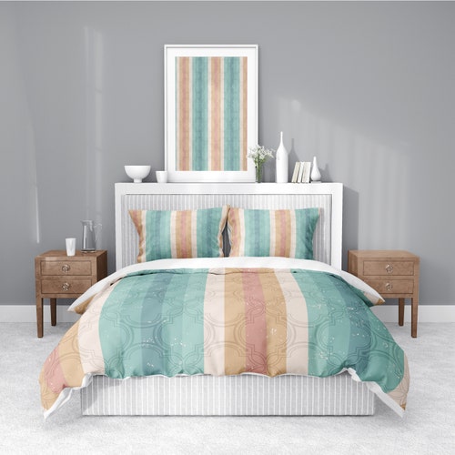 Chic Cream and shops Teal Striped Pattern Comforter or Duvet Cover | Twin, Queen, King Size