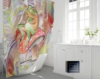 Grumpy Frog Psychedelic Shower Curtain | Toad on a Toadstool