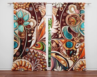 Boho Paisley Window Curtains – Burgundy, Blue Floral, Lined Options