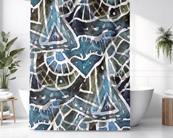 Blue Geometric Line Overlay Pattern Shower Curtain