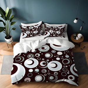 Mid Century Abstract Circle Pattern Comforter or Duvet Cover - Dark Brown and Blue Bedding | Twin, Queen, King Size