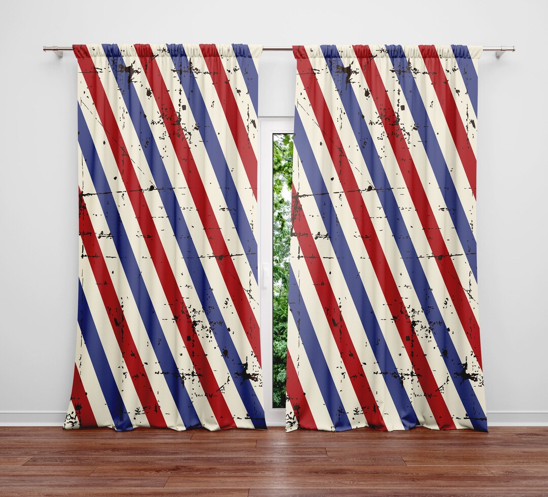 Red and Blue Striped Barber Shop Window Curtains Long Panel Etsy