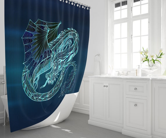 Blue Dragon and Shooting Star Shower Curtain Bathroom Decor Fabric 71 In 