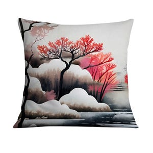 Sakura in Winter Throw Pillow – Japanese Landscape Art