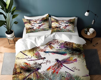 Boho Aquarell Libelle Tröster oder Bettbezug | Zwilling, Königin, König Tröster Set | Natur, Schmetterling Bett Dekor