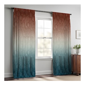 May include: A pair of sheer curtains with a paisley pattern in shades of brown, beige, and teal. The curtains have a gradient effect, fading from brown to teal.