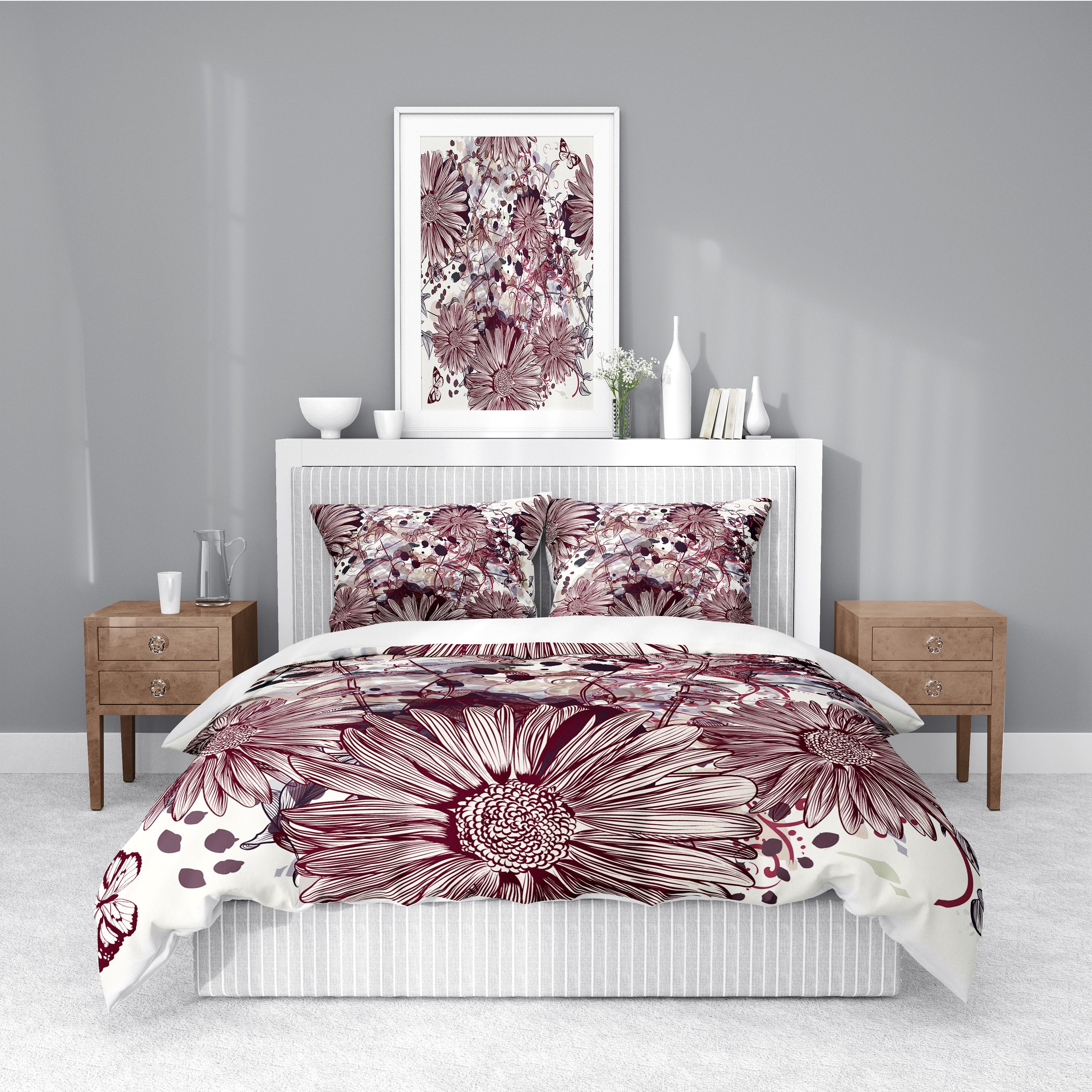 Burgundy and Beige Floral Comforter or Duvet Cover Twin Etsy