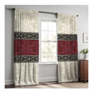 Beige and Burgundy Damask Pattern Window Curtains