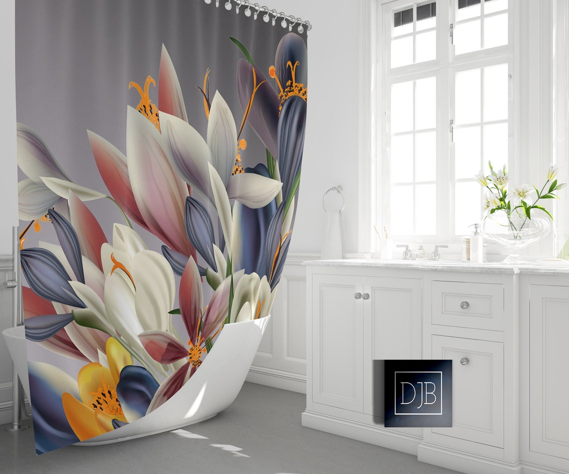 Gray Floral Shower Curtain Long and Extra Long Options Etsy