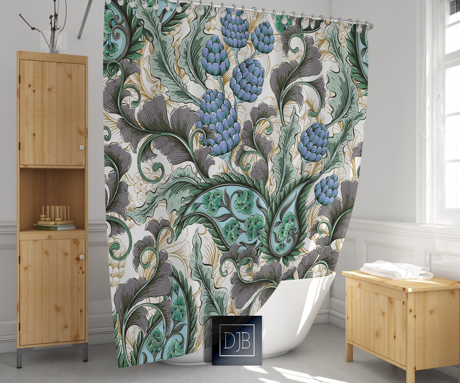 Modern Paisley Floral Shower Curtain Green and Blue Paisley Etsy