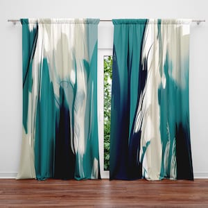 Abstract Color Stripes Window Curtains - Blue, Black and White Paint Style Print | Lined, Unlined, Sheer, Room Darkening