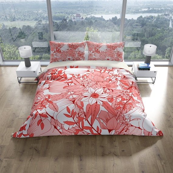 Coral Color Floral Print Comforter Or Duvet Cover Twin Etsy