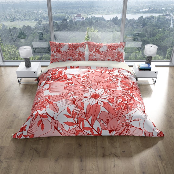 Coral Color Floral Print Comforter Or Duvet Cover Twin Etsy