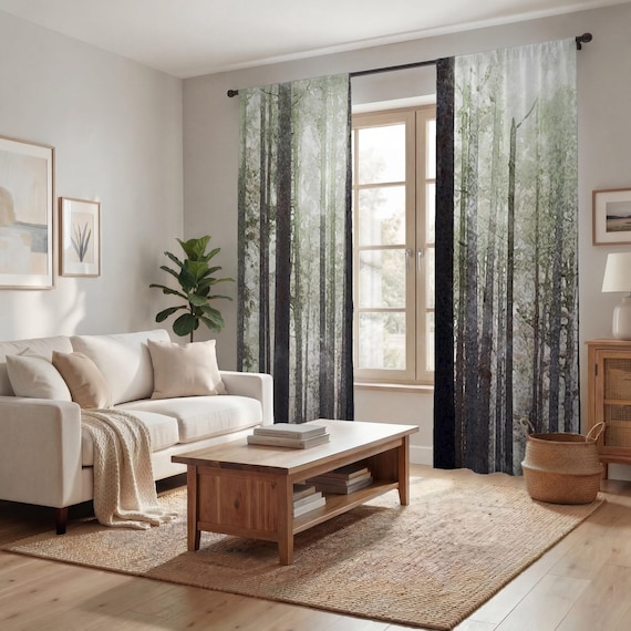 Green Misty Forest Landscape Artwork Window Curtains