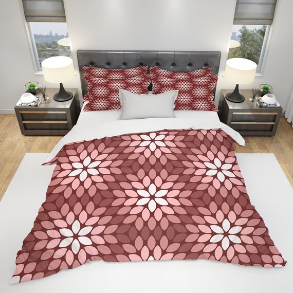 Pink Coral Geometric Flower Comforter Or Duvet Cover Twin Etsy