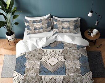 Abstract Geometric Comforter – Blue Beige Thin Line Art Bedding