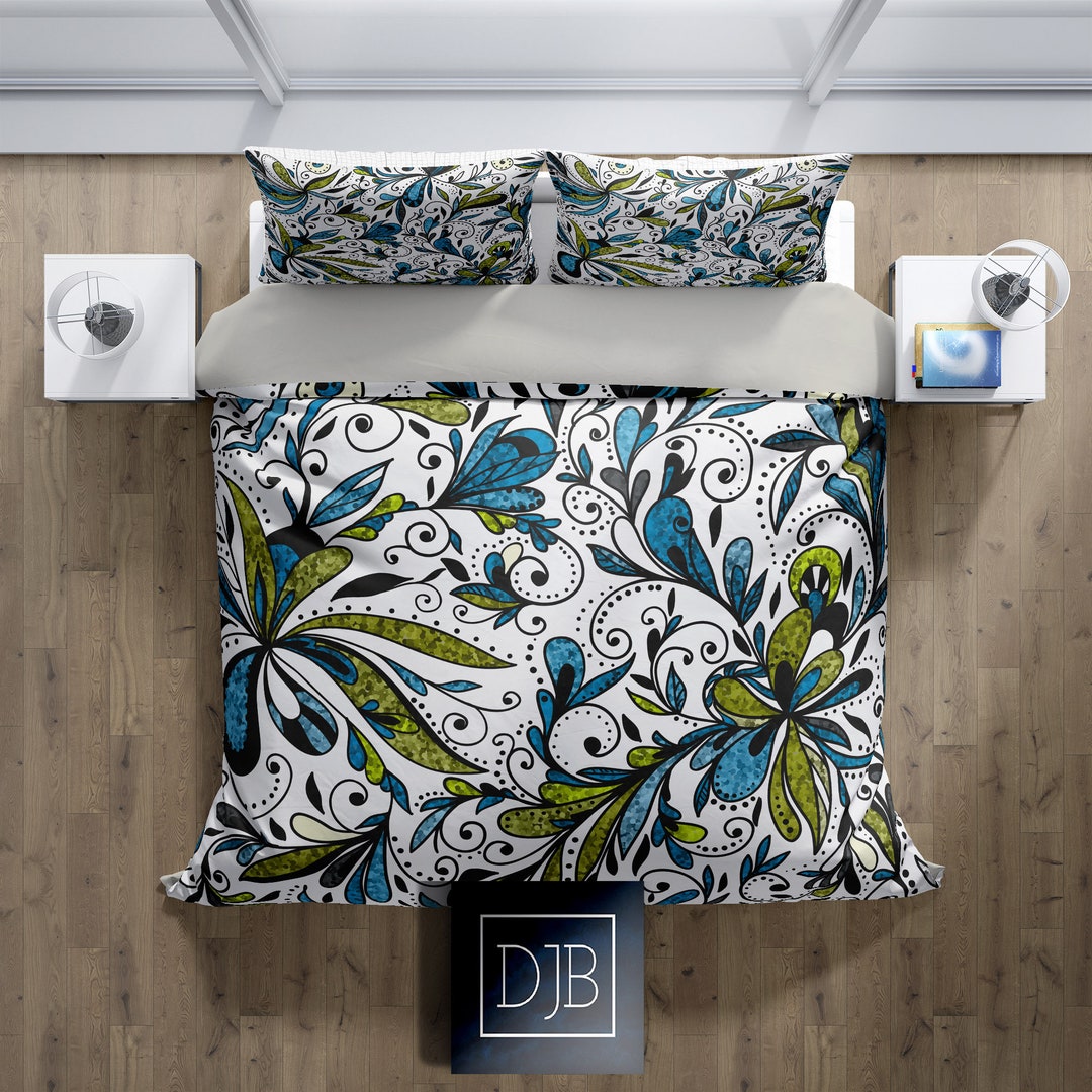 Edredón floral de brillo azul y verde o cubierta de edredón