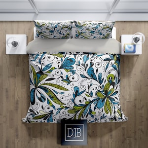 Dekbedovertrek of dekbedovertrek met blauwe en groene glitterbloemen | Kleurrijke print | Modern bloemen