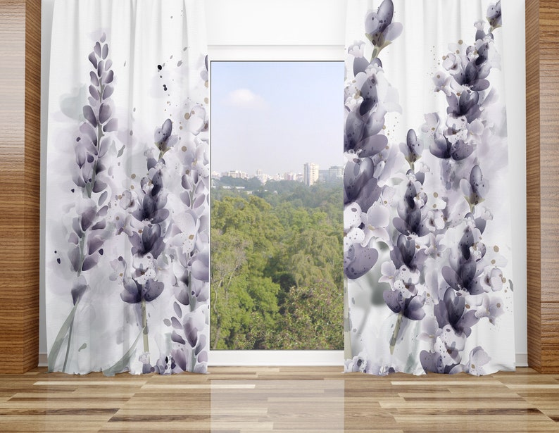 Lined and Sheer Panels Chic Watercolor Lavender Floral Window Curtains
