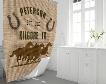 Rustic Farmhouse Shower Curtain Personalized Horses | Long and Extra Long Shower Curtain | Faux Burlap Brown Print