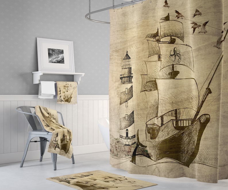 Nautical Old Ship and Lighthouse Shower Curtain With Optional | Etsy