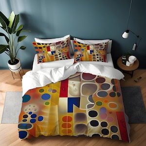 May include: A duvet cover with a colorful abstract design featuring geometric shapes and circles in shades of red, blue, yellow, green, and black.