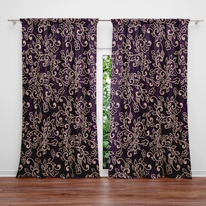 Purple and Beige Window Curtain Panels | Long Panel Lined, Unlined and Blackout Curtains | Burgundy Art Nouveau