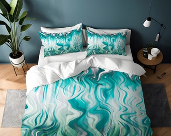 Aqua, White and Green Abstract Lines Comforter or Duvet Cover | Twin, Queen, King Size | Abstract Bedding