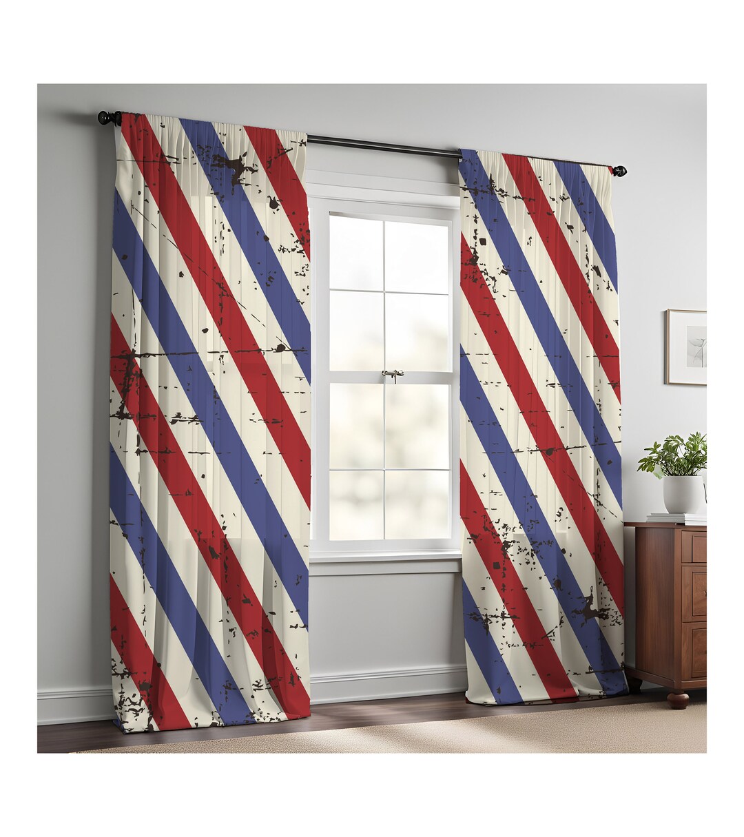 Red and Blue Striped Barber Shop Window Curtains Long Panel Sheer and