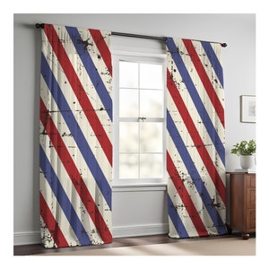 Red and Blue Striped Barber Shop Window Curtains | Long Panel Sheer and Blockout Curtains | Vintage, Rustic Barber Shop Style