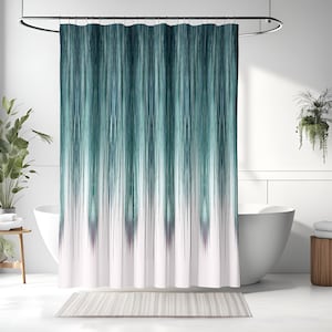 May include: A teal and white shower curtain with a vertical striped pattern. The curtain is hanging in a bathroom with a white bathtub and a plant in the background.