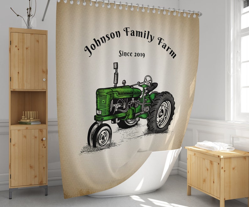 Personalized Green Tractor Farm Shower Curtain Rustic Beige Etsy