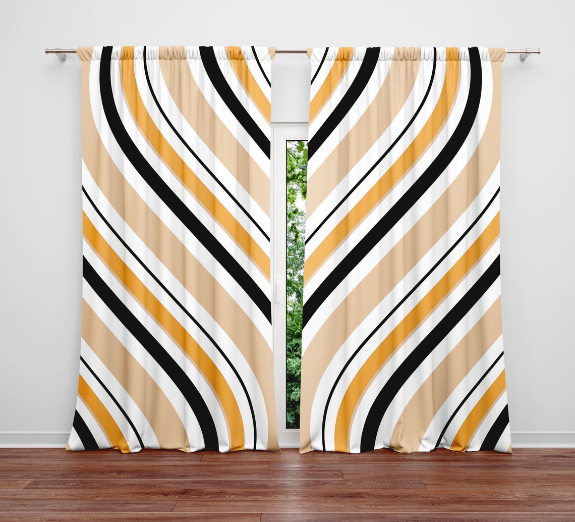 Black Gold and Beige Wavy Striped Window Curtains Lined and Etsy