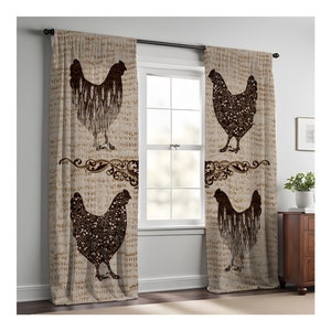 May include: A pair of brown and beige curtains with a repeating pattern of brown chicken silhouettes. The curtains have a rustic, farmhouse style.