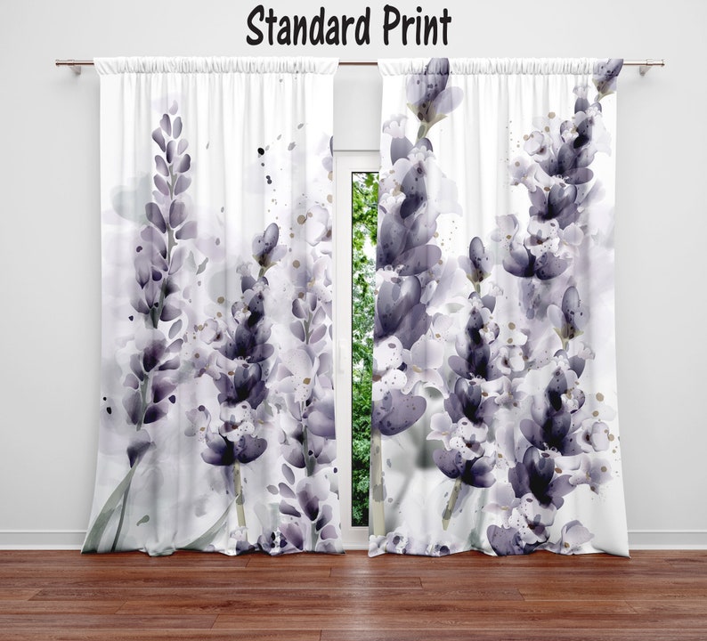 Lined and Sheer Panels Chic Watercolor Lavender Floral Window Curtains
