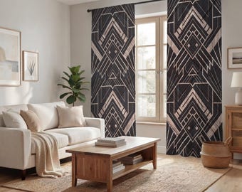 Brown Art Deco Geometric Tile Pattern Window Curtains