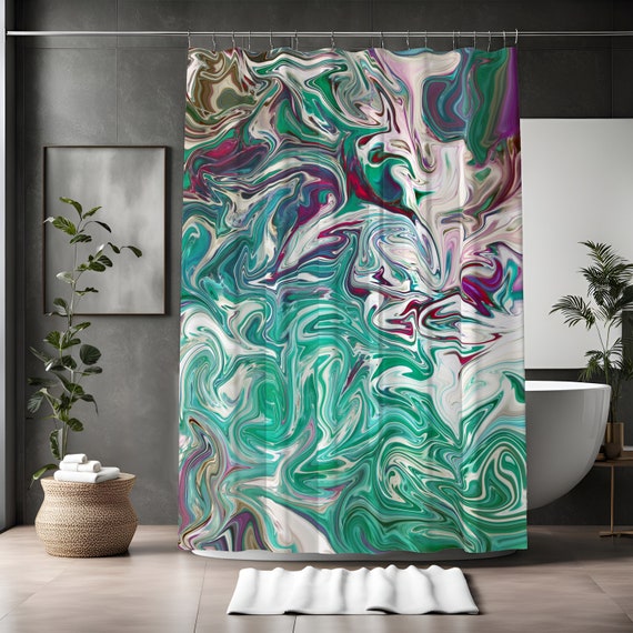 Tenda Doccia Extra Lunga Boho Verde Salvia Con Fiori - 182 X 244 Cm - Set Con Ganci In Tessuto