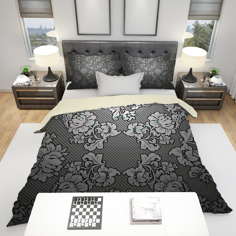 Gray Scale Bedding Comforter Or Duvet Cover Dark Bedding Etsy