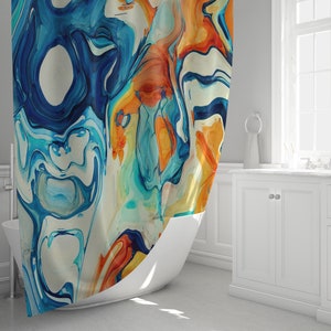 Blue and Orange Acrylic Pour Shower Curtain | Bathmat and Set Options