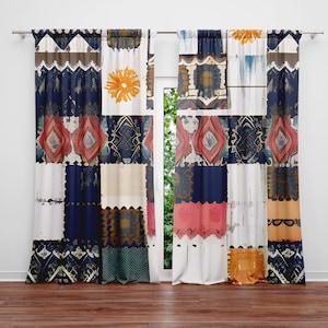 Mixed Pattern Window Curtains - Abstract Block Style Print Curtain Panels | Lined, Unlined, Sheer, Room Darkening