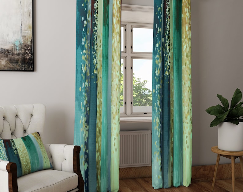Striped Watercolor Boho Nautical Green Window Curtains Lined | Etsy