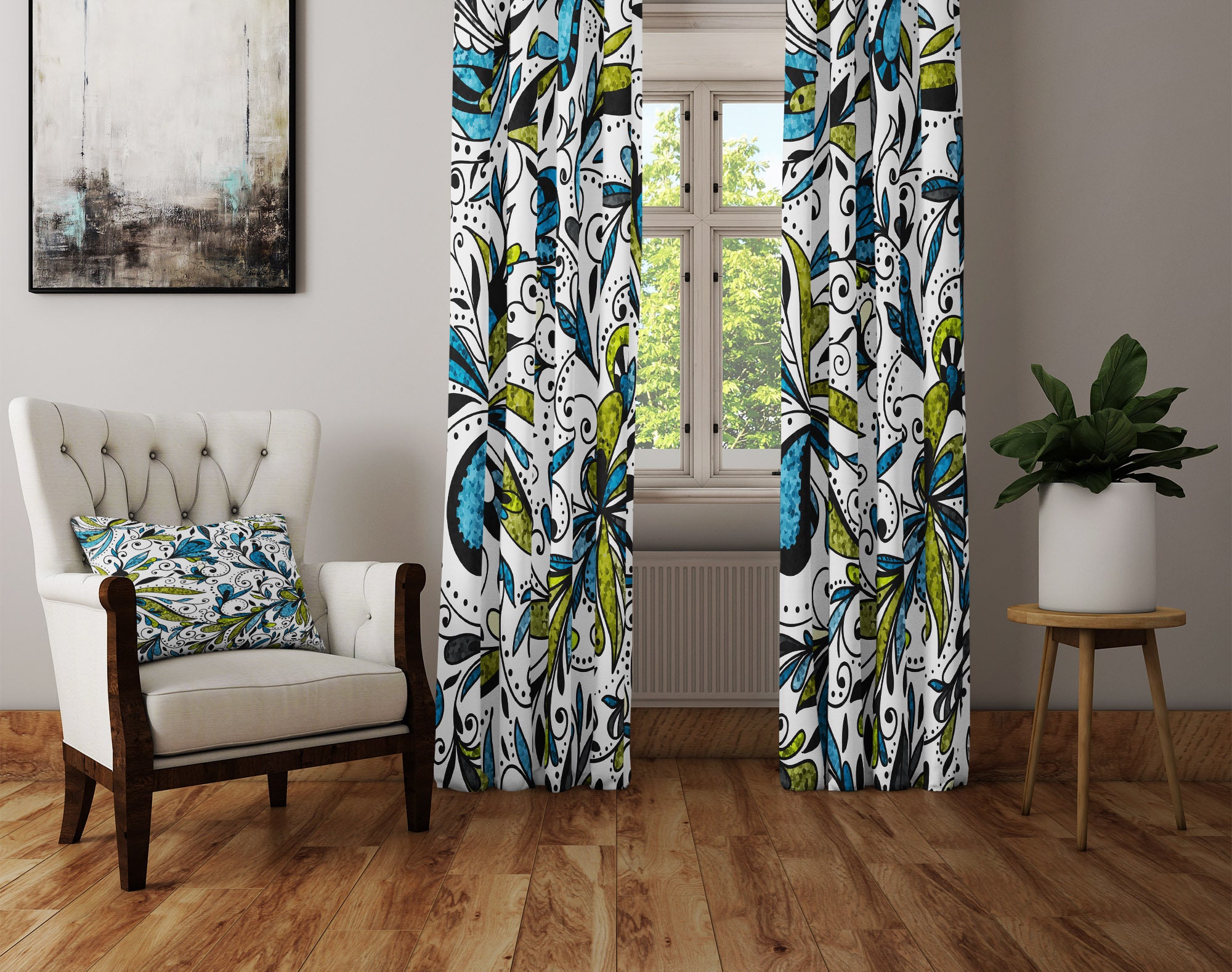 Blue and Green Glittered Floral Window Curtains Long Panel Etsy
