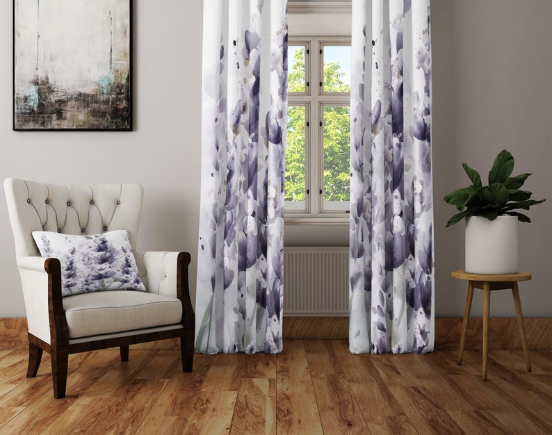 Lined and Sheer Panels Chic Watercolor Lavender Floral Window Curtains