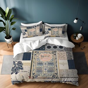May include: A white duvet cover with a patchwork design featuring blue and white patterns. The duvet cover has a variety of geometric shapes and designs, including circles, squares, and triangles. The duvet cover is made of a soft, comfortable fabric and is perfect for adding a touch of style to any bedroom.