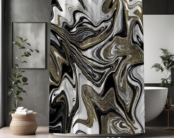 Black, Gold and Gray Color Swirl Shower Curtain | "White Tiger" | Abstract Bathroom Decor